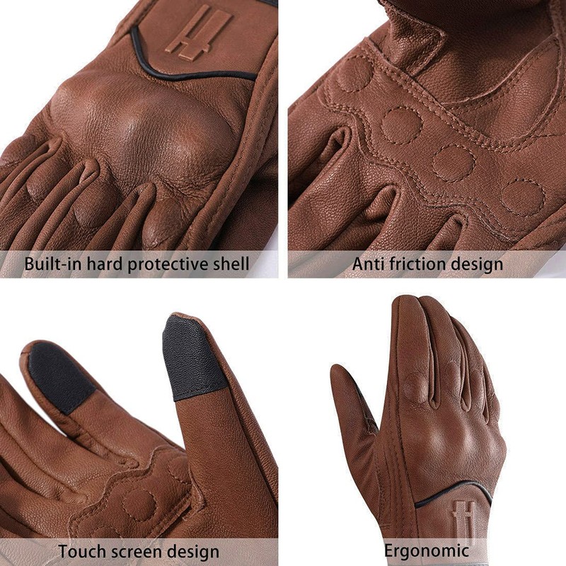 Harssidanzar Womens Full Finger Goatskin Leather Touchscreen Motorcycle Gloves GL016,Saddle,Size
