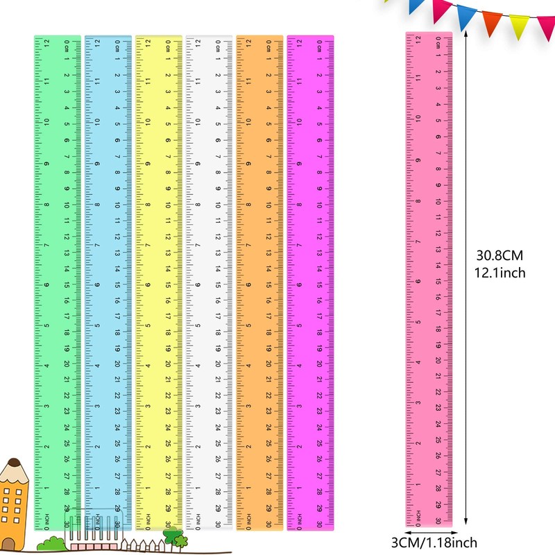 7 Pieces Ruler, 30 cm Ruler, Coloured Plastic Ruler, Transparent