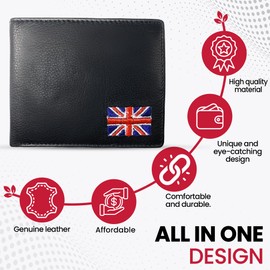 MOIRENTO Men's Black Leather Wallet - Bifold Trifold Design, Union Jack, RFID Blocking, Genuine Leather, Billfold with Coin Pocket - Anti-Scan/Fraud Proof (UJWallBLK)