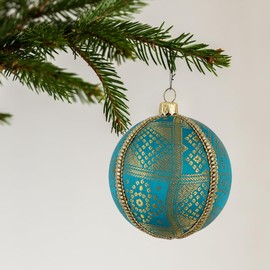 Hem Handmade Upcycled Bauble | 8cm Light Blue with Gold Bandhani Design | Unique Christmas Ornament | Eco-Friendly Décor | Sustainable Elegant Tree Decoration | Luxury Bauble for Décor