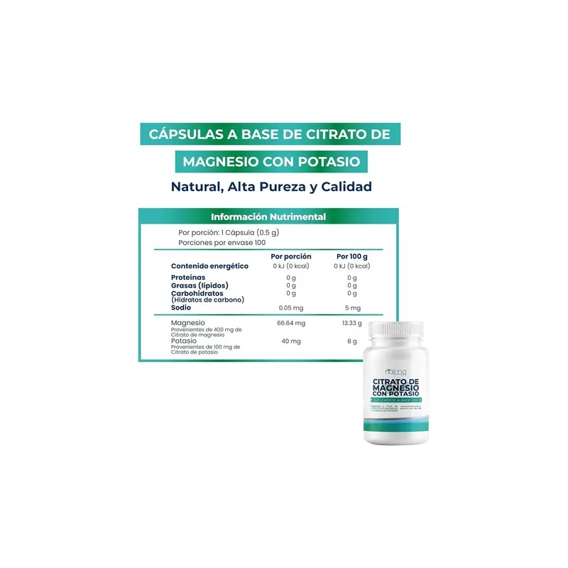 Citrato De Magnesio + Potasio 500mg - 100 Cápsulas Sabor