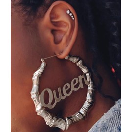 Old English Font Queen Word 9cm Large Bamboo Hoop Earrings Hip-Pop Style Fashion Party Accessory (B1:silver)