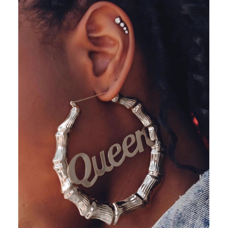 Old English Font Queen Word 9cm Large Bamboo Hoop Earrings