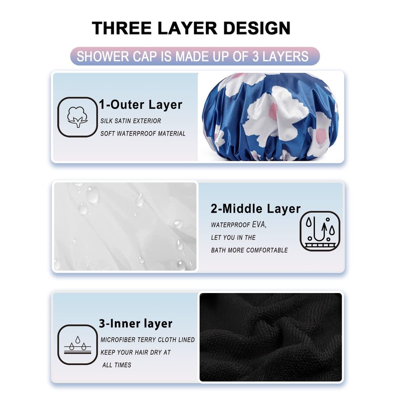 YIZIJIZI Terry Lined Shower Cap,Triple Layer Large Cap for Women,Shower