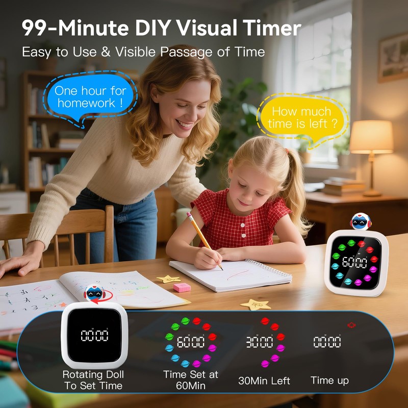 Yunbaoit Digital Visual Timer for Kids, Rechargeable 99-Minute Silent Countdown