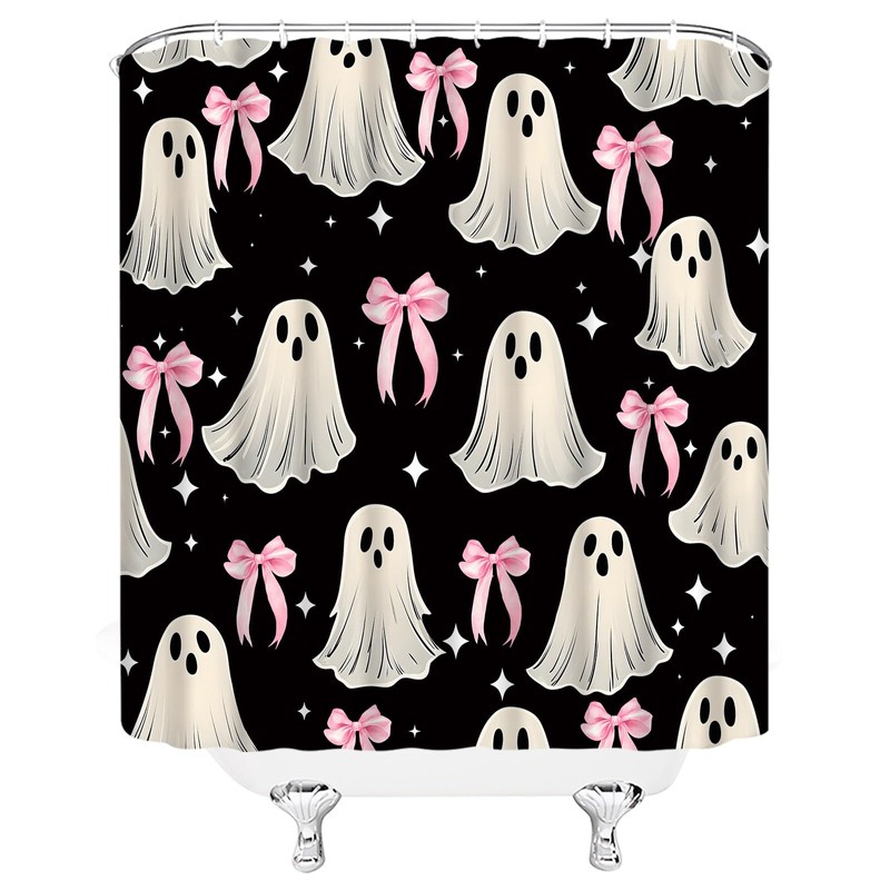 FJLLFJ Halloween Ghost Shower Curtain,Cute Spooky Bow Festival Black White