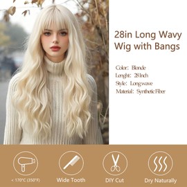 Blonde Wig with Bangs 28in Long Blonde Wavy Wig for Women Curly Wavy Wig Natural Looking Realistic Wig Synthetic Heat Resistant Fiber Synthetic Wigs for Black Women Mom Girl for Daily Party Use