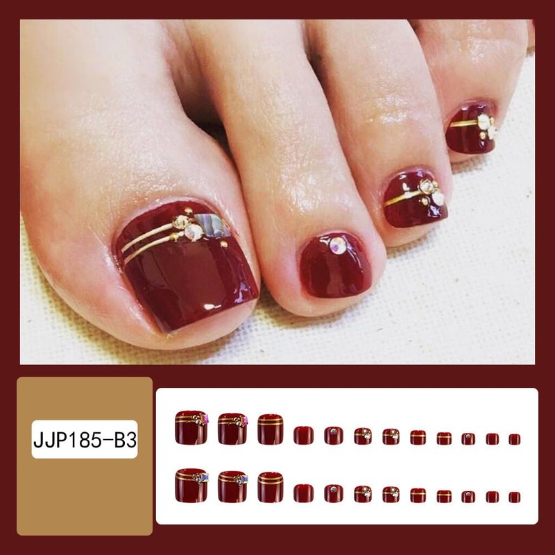 24Pcs Wine Red Press on Toenails for Women Summer Short