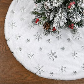 Mizijia Christmas Tree Blanket, 78 cm/30 Inch Round White Plush Christmas Tree Skirt with Silver Sequins, Snowflake, Thick and Soft Christmas Tree Skirt, Christmas Tree Blanket
