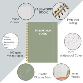 Password Book with Alphabetical Tabs - Large Size Password Keeper Journal Notebook for Computer & Website Logins, 5.8" x 8.5", Green