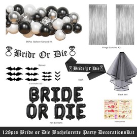 Party Inspo Bride or Die Bachelorette Party Decorations, Till Death Do Us Party Supplies with Fringe Curtains, Balloons, Banner, Black Veil and Sash for Halloween Gothic Bridal Shower