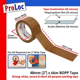 ProLoc Low Noise Packaging Tape - Pick Colour & Qty: 1 Roll of Brown Tape (48mm x 66m) - Strong Packing Tape with Secure Seal & Silent Unwind - Sticky Parcel Tape for Packing Boxes & Moving House