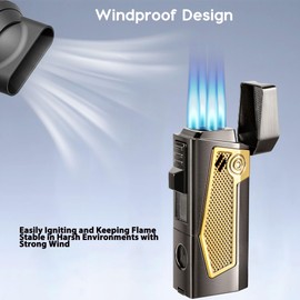 Reetsing 4 Torch Jet Flame Lighter with Punch & Holder - Refillable Butane Windproof Torch Lighter - Multi-Functional Lighter Accessory,Premium Gift for Men（Without Butane）