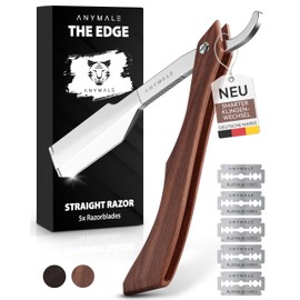 ANYMALE Premium Razor "The Edge" - Men's Set with 5 Interchangeable Blades - Wet Razor with Individual Wooden Handle - Razor for Beard and Contours - Sandalwood Edition
