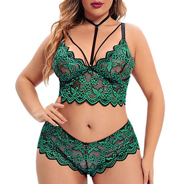 Sexy Lingerie Set for Women Cheeky for Sex/Playing Lace Transparent Lace Bra and Panty Set Two Piece Pyjama Set Babydoll Bridal Lingerie, Z0106A-green