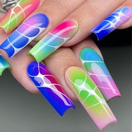 ANDGING Colorful Ombre Press on Nails Square Long Glue on Nails for Women Coffin Fake Nails with Curved Designs Blue Green Artificial Acrylic Stick on Nails Gel Manicure False Nails for Wedding
