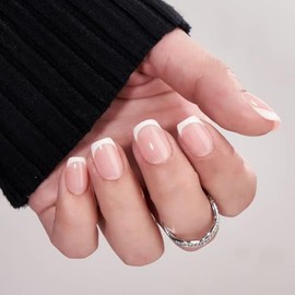 210 Uñas Postizas Blancas Francesas, Cortas, Cuadradas, Color Nude, de Gel Suave, Prediseñadas, de Larga Duración, para Decoración de Uñas. Extensione