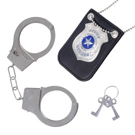 Police Costume Accessories Adult - Police Badge Fake Handcuffs with Keys Set, Cop Costume Accessories, Detective Costume Role Play Dress Up, Spy FBI Agent Costume Accessories (Silver)