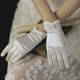 FSSTUD Short Pearl Gloves Wrist Length Gloves Bridal Wedding Gloves Satin Dance Gloves Elegant Opera Gloves Dress Gloves for Women Champagne