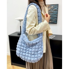Rejolly Puffer Quilted Shoulder Bag for Women Puffy Bubble Tote Bag Lightweight Nylon Handbag Padded Soft Purse Light Blue