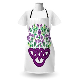 Ambesonne Thistle Apron, Celtic Knot and Thistle Plant in Basket Form with Flowers, Unisex Kitchen Bib Apron with Adjustable Neck for Cooking Baking Gardening, Shamrock Green Violet and Purple