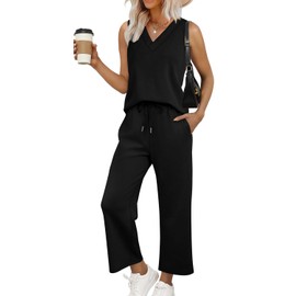 WIHOLL Two Piece Sets for Women Summer Outfits 2025 V Neck Tops Shirts Beach Vacation Clothing Travel Cruise Fashion Black S