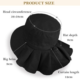 ehsbuy Women's Cotton Wide Brim Foldable Summer Bucket Hat Lightweight with Neck Flap and Adjustable Chin Strap Gifts for Beach Gardening Safari Outdoor, black, Unit size