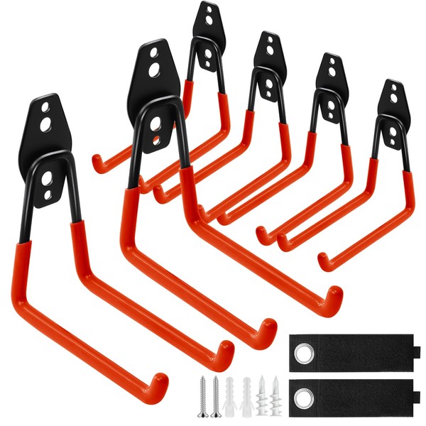 Garage Organization Hooks, 6 Hooks&2 Straps, 5.1" Large Wall Hooks