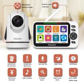 OKAIDI Video Baby Monitor with Camera and Audio, 5" Display Baby Monitor No WiFi, 30H Battery and 1000ft Range, Remote Pan-Tilt-Zoom Baby Camera, Night Vision, 2-Way Talk, ECO, Temperature, Lullaby