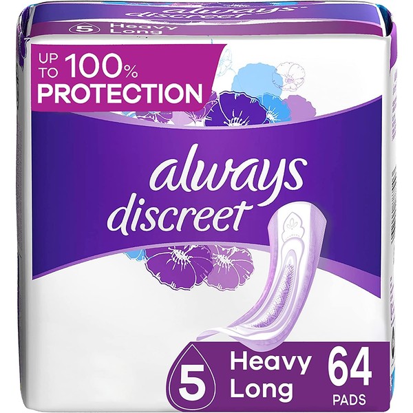 Always Discreet Adult Incontinence & Postpartum Pads for Women, Size 5, Heavy Absorbency, Long Length, 32 Count x 2 Pack (64 Count total)
