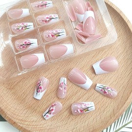 French Tip Press on Nails Short Coffin Fake Nails with Flower Designs Spring Summer Acrylic Nails Glossy Glue on Nails Nude False Nails Artificial Reusable Stick on Nails for Women 24 Pcs