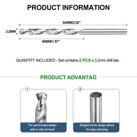 METALLIXITY Drill Bit (3.2mm) 2Pcs, 4241 High-Speed Steel Straight Shank Uncoated (Bright) 118° for Wood Plastic Iron Copper Aluminum Low Soft Metal