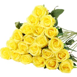 Hotop 20 Pcs Rose Artificial Flowers with Long Stem Realistic Silk Roses Bulk Real Touch Plastic Bouquet of Roses for Home Bridal Wedding Party Table Centerpieces Decorations (Yellow)