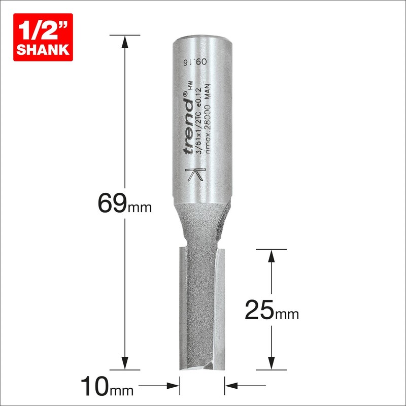 Trend Professional Straight Two Flute Router Cutter, 1/2 Inch Shank,