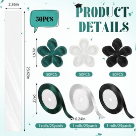 Yexiya 50 Sets Graduation Candy Lei Making Kit 23 Inch Transparent Plastic Cellophane Bags, Including 150 Tricolor Petals and 3 Rolls Ribbon Congrats Grad Candy Wreath Gift for Party(Dark Green)