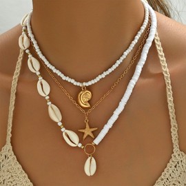 Shell & Starfish Layered Necklace Pearl Necklace for Women Summer Fashion Women 2025 Puka Shell Beach Necklace Jewelry Gift
