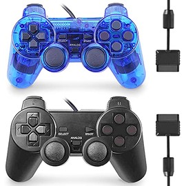 PS2 Controller Wired, 2 Pack Gamepad Remote Compatible with Play Station 2 Double Shock (Black and Clear Blue)