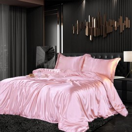 Satin Bed Linen Set 155 x 220 cm 3-Piece Pink Silky Touch Shiny Silk Plain Duvet Cover Set Smooth Luxury Light Pink Bedding Set Soft Double Bed with Zip and Pillowcases 80 x 80 cm