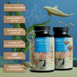 Omega-3 Vegan 180 Capsules High Dose, 2000 mg Omega-3 Algae Oil per Day with 600 mg DHA & 300 mg EPA, Vegan Omega-3 from Sustainable Cultivation as a Fish Oil Alternative, Laboratory Tested with