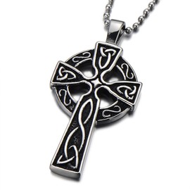 COOLSTEELANDBEYOND Stainless Steel Mens Celtic Cross Pendant Necklace Silver Black Two-Tone with 23.6 in Ball Chain