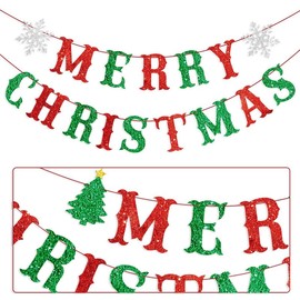 Red Green Glitter Merry Christmas Banner Snowflake Bunting Banner Glittery Christmas Decorations Winter Holiday Fireplace Mantle Decor Party Supplies Photo Props