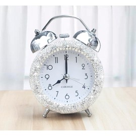 CARCHILE Bling Rhinestone Small Alarm Clock,5 inches in Height, Morning Call for Bedroom Houser Desktop, Home and Office Decorations AB (Silver)