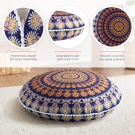 Codi Meditation Floor Pillows Set of 2, Round Large Pillow Seating for Adults, Bohemian Mandala Circle Floor Cushion for Outdoor Fireplace Yoga Living Room, 32 Inch, Yellow Memory Foam Added
