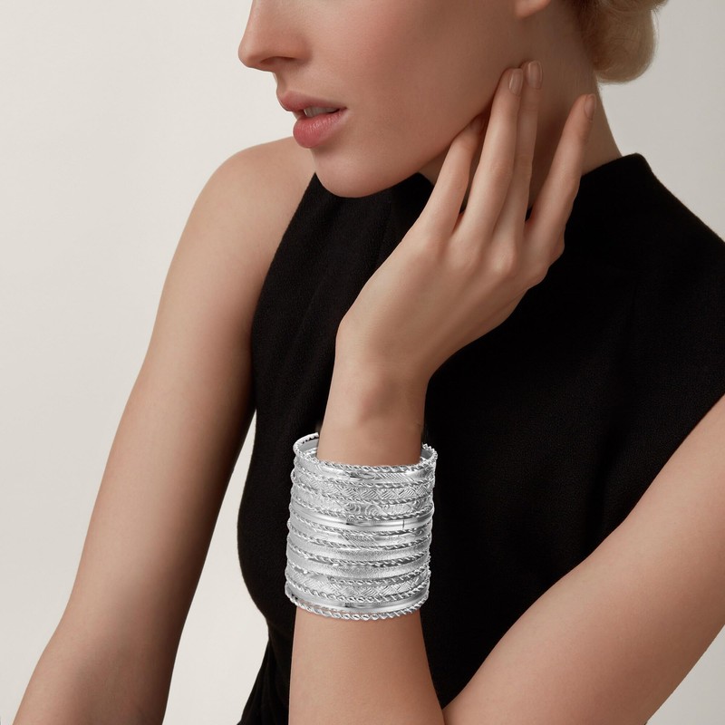 FUNOJOY Silver Bangle Bracelets for Women Multi Layer Stackable Textured