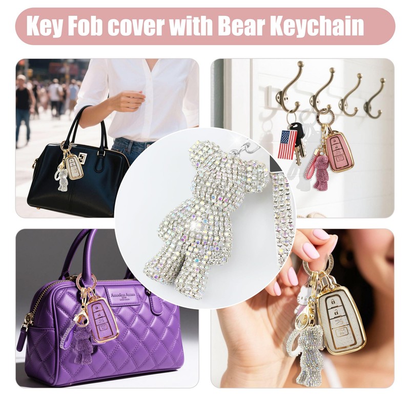 Rayslesan Cute Key Fob Cover with Rhinestone Bear Charm, Bling