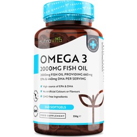 Omega 3 2000mg with 660mg EPA & 440mg DHA per Serving - 240 Softgel Capsules of Sustainably Sourced Pure Omega 3 Fish Oil - Made in The UK by Nutravita