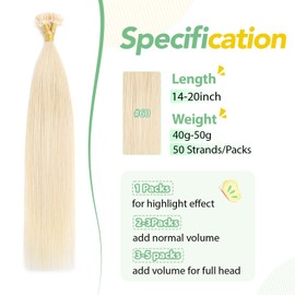 XDhair Blonde Pre Bonded Human Hair Extensions 50 Strands 50g U Tip Keratin Hair Extensions Platinum Blonde Fusion Hair Extensions Real Human Hair #60 20inch