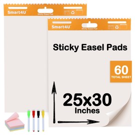 Smart4U Sticky Easel Pad Anchor Chart Paper 25 x 30-Inch, White, Large Notes Flip Charts Paper for Wall Self-Stick &Bleed-Resistant, with Sticky Notes and Colorful Markers, 60 Sheets/2 Pads