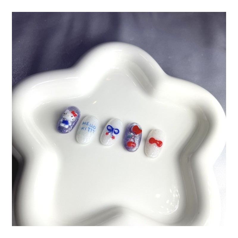 [Premium Handmade Nail Tips] Blue Ribbon Cat Nails - Coffin