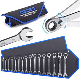 KARRYTON 16-piece Reversible Ratcheting Wrench Set Metric 8-25mm, 72 Teeth Ratchet Combination Wrenches Set with Rolling Bag, Cr-V Steel, Chrome Plating Handle with Blackened Ratchet